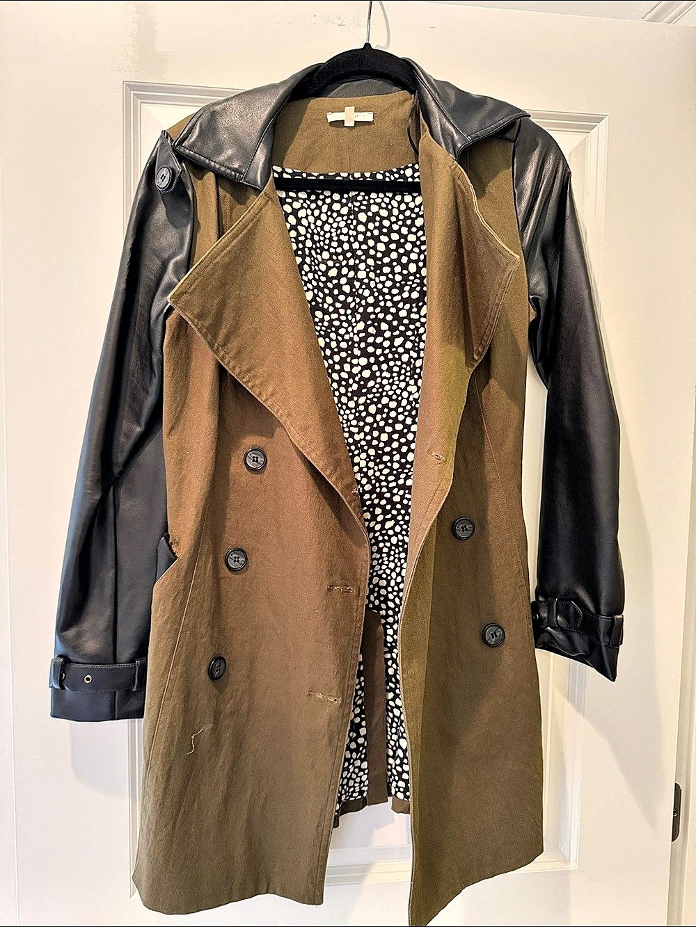 Mystree Faux Leather Sleeve Trench Coat Army Small